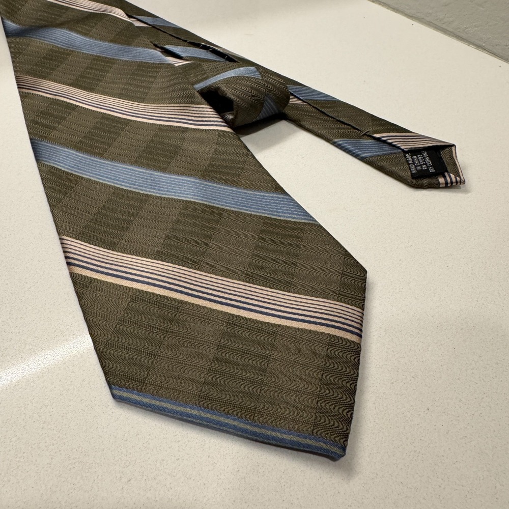 Vintage Stafford‎ Tie Green Blue Stripe Textured 100% Silk Handmade Old Money